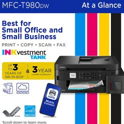 Brother INKvestment Tank MFC-T980DW Wireless Color Inkjet Printer, All-in-One Print/Scan/Copy, 3 Years Ink In-Box(1), Best for small office/business