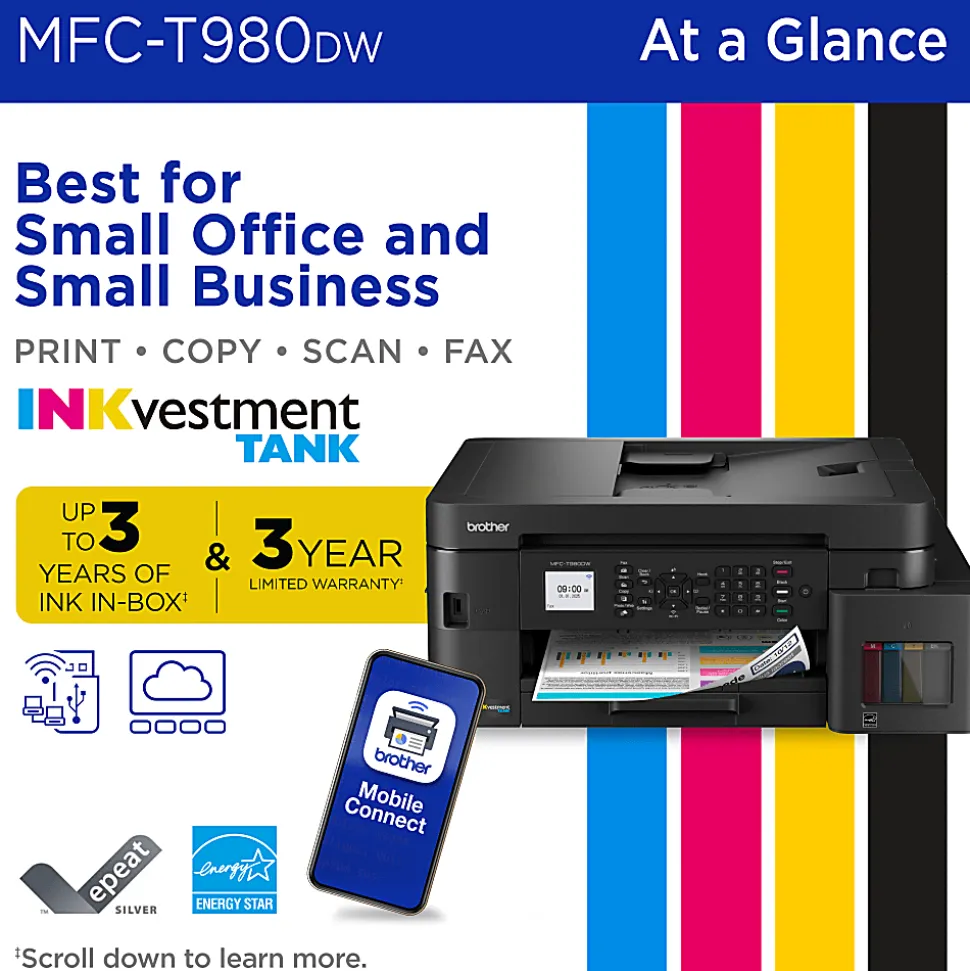 Brother INKvestment Tank MFC-T980DW Wireless Color Inkjet Printer, All-in-One Print/Scan/Copy, 3 Years Ink In-Box(1), Best for small office/business