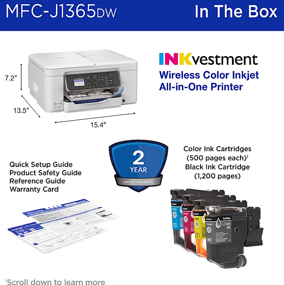 Brother INKvestment 1365 Wireless Color Inkjet Printer, All-In-One Print/Scan/Copym Best for home/home office