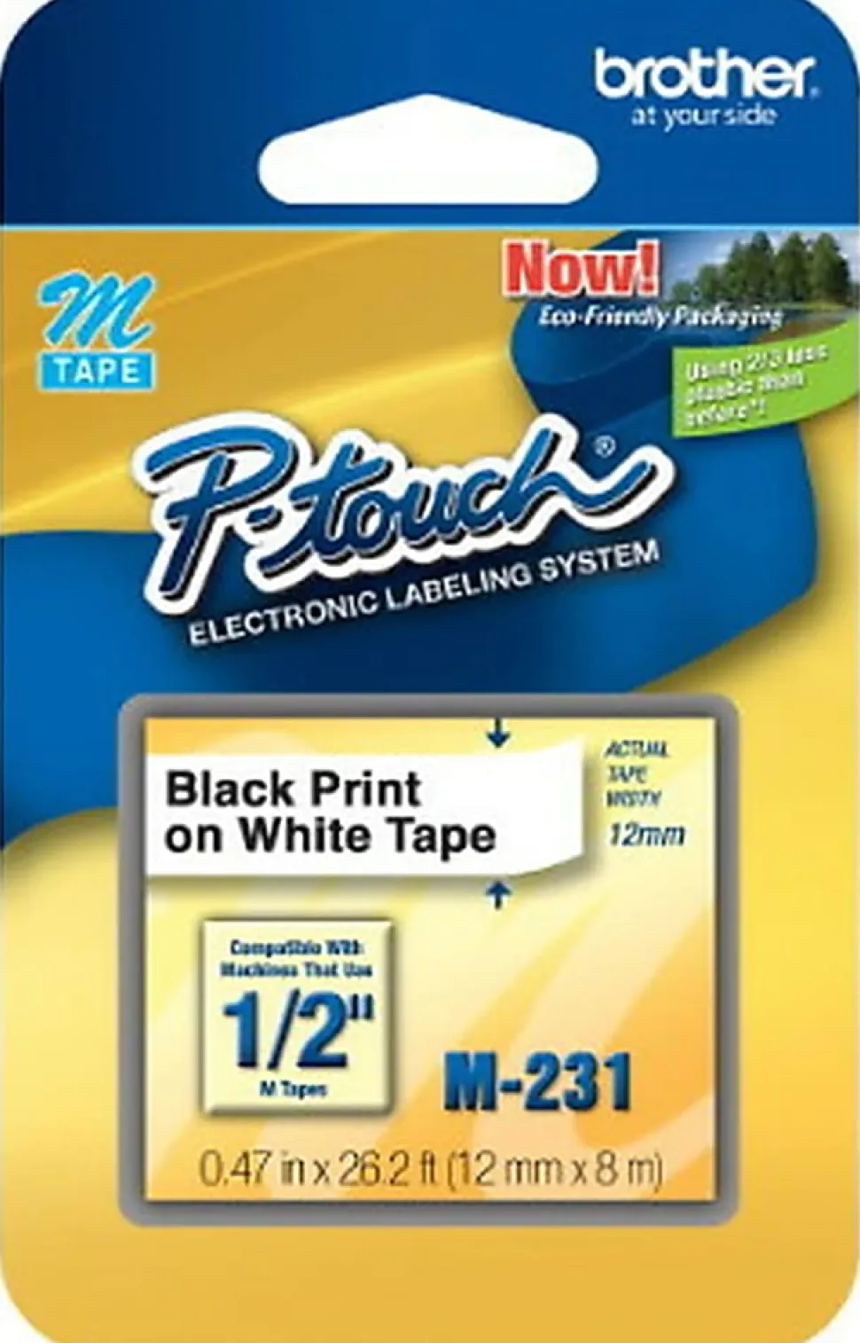 Brother M-231 Black-On-White Tape, 0.47" x 26.2'