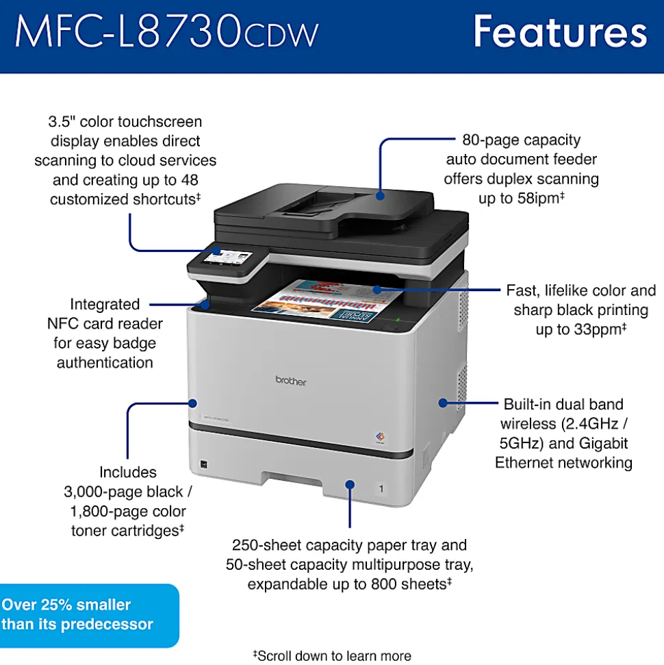 Brother MFC-L8730CDW Wireless Business Color Laser All-in-One Printer with Duplex Print, Scan, Copy, Advanced Security Features