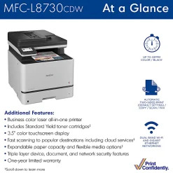 Brother MFC-L8730CDW Wireless Business Color Laser All-in-One Printer with Duplex Print, Scan, Copy, Advanced Security Features