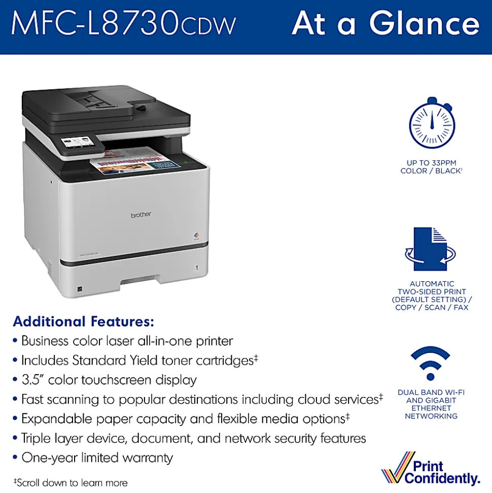Brother MFC-L8730CDW Wireless Business Color Laser All-in-One Printer with Duplex Print, Scan, Copy, Advanced Security Features