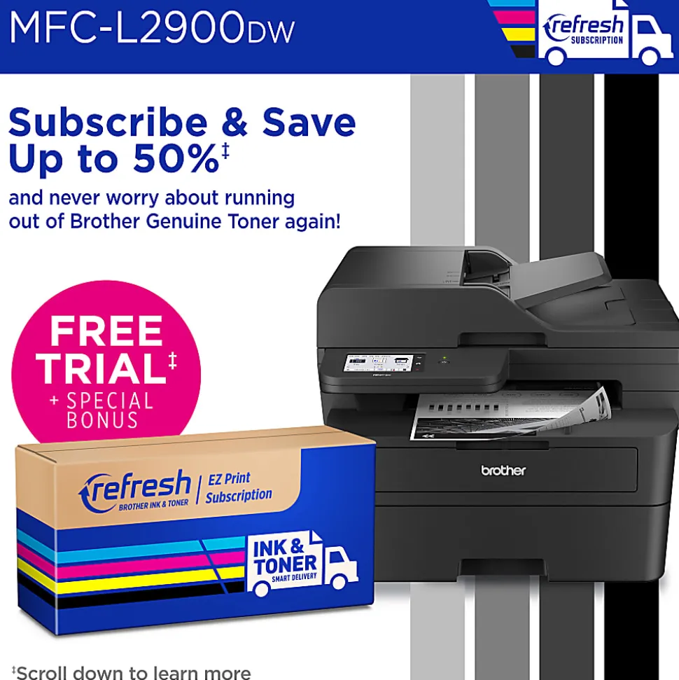 Brother MFC-L2900DW Wireless Compact Monochrome All-in-One Laser Printer with with Single-Pass Duplex Copy and Scan, Refresh EZ Print Eligibility