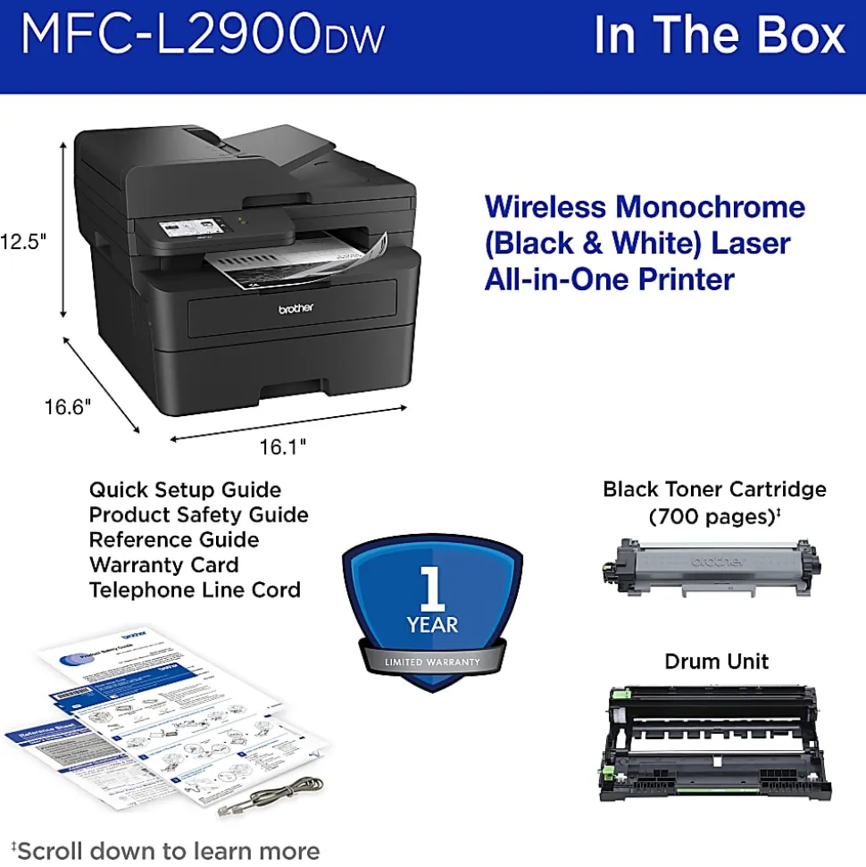 Brother MFC-L2900DW Wireless Compact Monochrome All-in-One Laser Printer with with Single-Pass Duplex Copy and Scan, Refresh EZ Print Eligibility