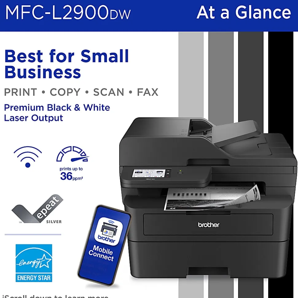 Brother MFC-L2900DW Wireless Compact Monochrome All-in-One Laser Printer with with Single-Pass Duplex Copy and Scan, Refresh EZ Print Eligibility