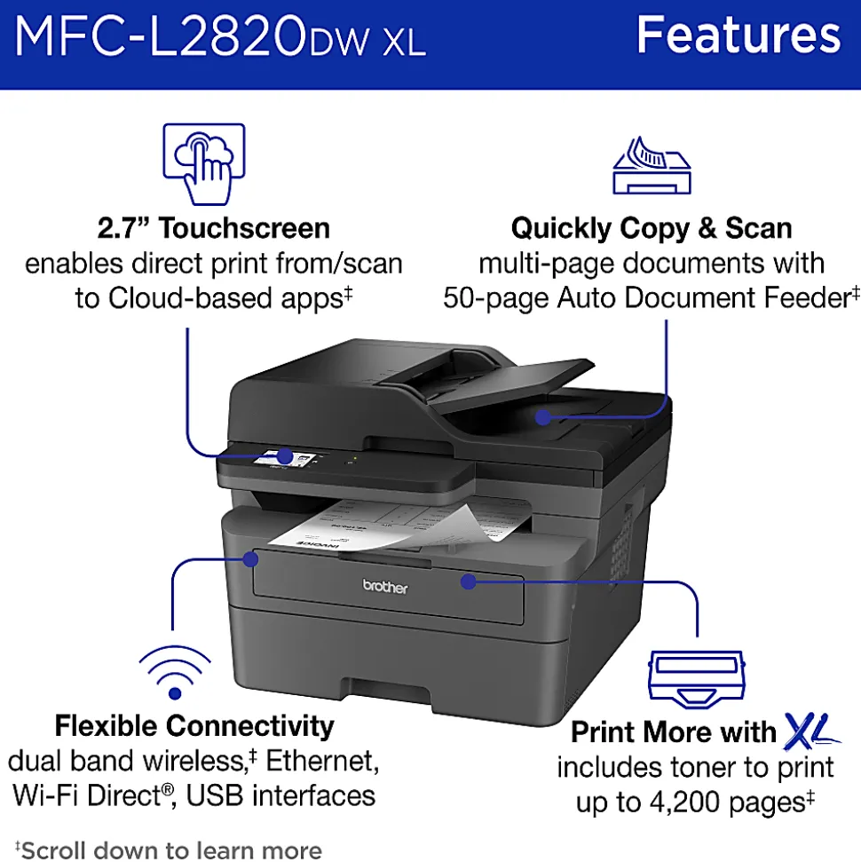 Brother MFC-L2820DW XL Wireless Compact Monochrome All-in-One Laser Printer with up to 4,200 pages of toner included