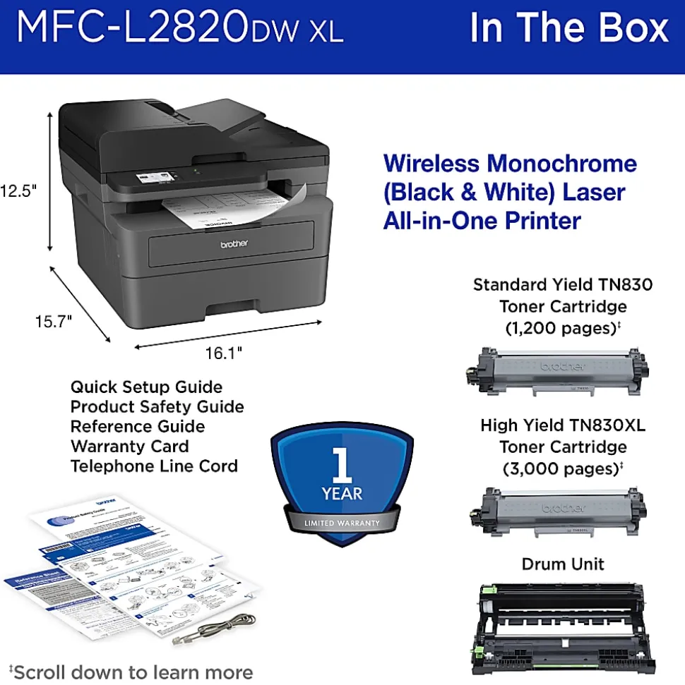 Brother MFC-L2820DW XL Wireless Compact Monochrome All-in-One Laser Printer with up to 4,200 pages of toner included