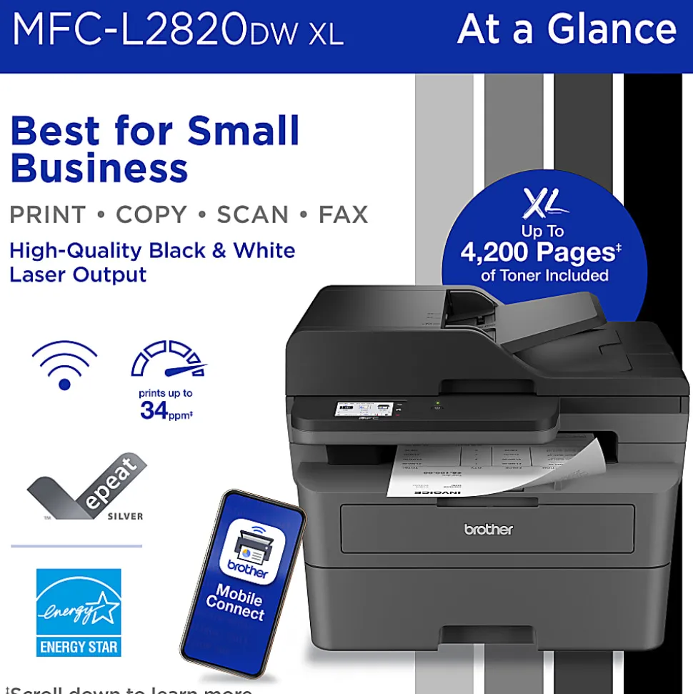Brother MFC-L2820DW XL Wireless Compact Monochrome All-in-One Laser Printer with up to 4,200 pages of toner included