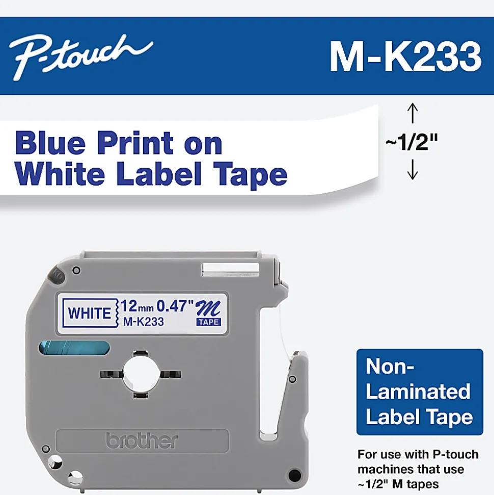 Brother MK-233 Blue-On-White Tape, 0.5" x 26.2'