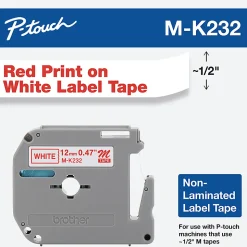 Brother MK-232 Red-On-White Tape, 0.5" x 26.2'