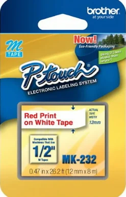 Brother MK-232 Red-On-White Tape, 0.5