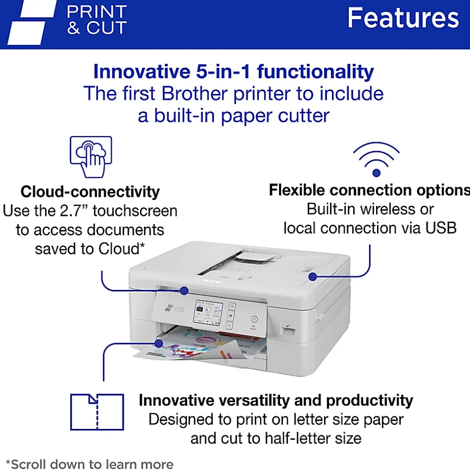 Brother Print & Cut MFC-J1800DW Wireless Inkjet Color All-in-One Printer With Automatic Paper Cutter And Refresh EZ Print Eligibility