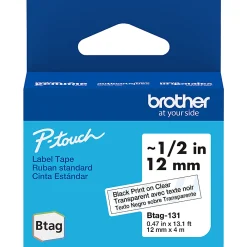 Brother P-touch Btag Black on Clear Label Tape (BTAG131), ~1/2 in x 13.1 ft (12 mm x 4 m)