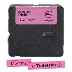 Brother P-touch Btag Black on Pink Label Tape (BTAGP31), ~1/2 in x 13.1 ft (12 mm x 4 m)