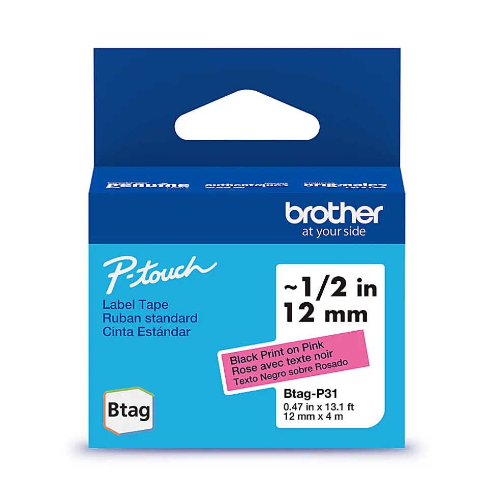 Brother P-touch Btag Black on Pink Label Tape (BTAGP31), ~1/2 in x 13.1 ft (12 mm x 4 m)