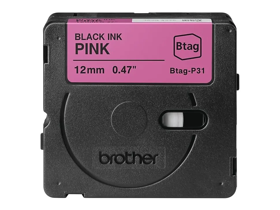 Brother P-touch Btag Black on Pink Label Tape (BTAGP31), ~1/2 in x 13.1 ft (12 mm x 4 m)
