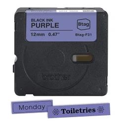 Brother P-touch Btag Black on Purple Label Tape (BTAGF31), ~1/2 in x 13.1 ft (12 mm x 4 m)