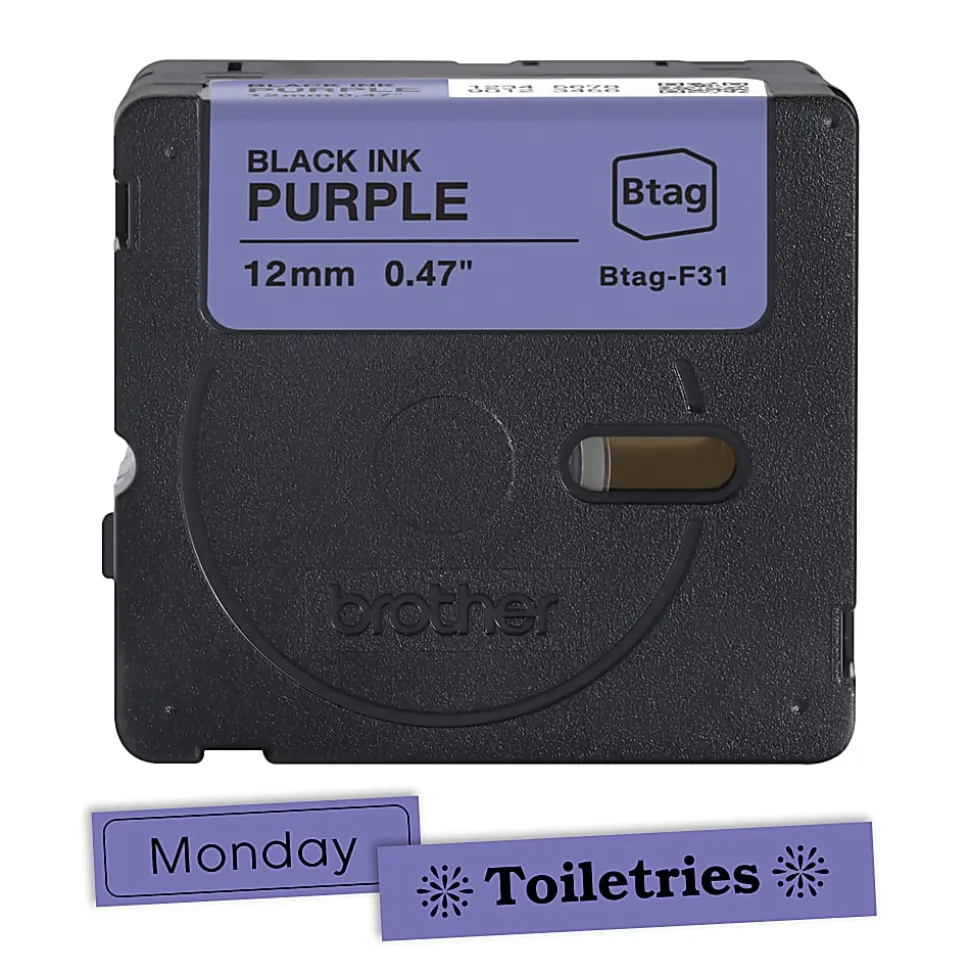 Brother P-touch Btag Black on Purple Label Tape (BTAGF31), ~1/2 in x 13.1 ft (12 mm x 4 m)