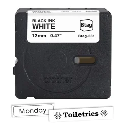 Brother P-touch Btag Black on White Label Tape (BTAG231), ~1/2 in x 13.1 ft (12 mm x 4 m)