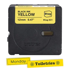 Brother P-touch Btag Black on Yellow Label Tape (BTAG631), ~1/2 in x 13.1 ft (12 mm x 4 m)