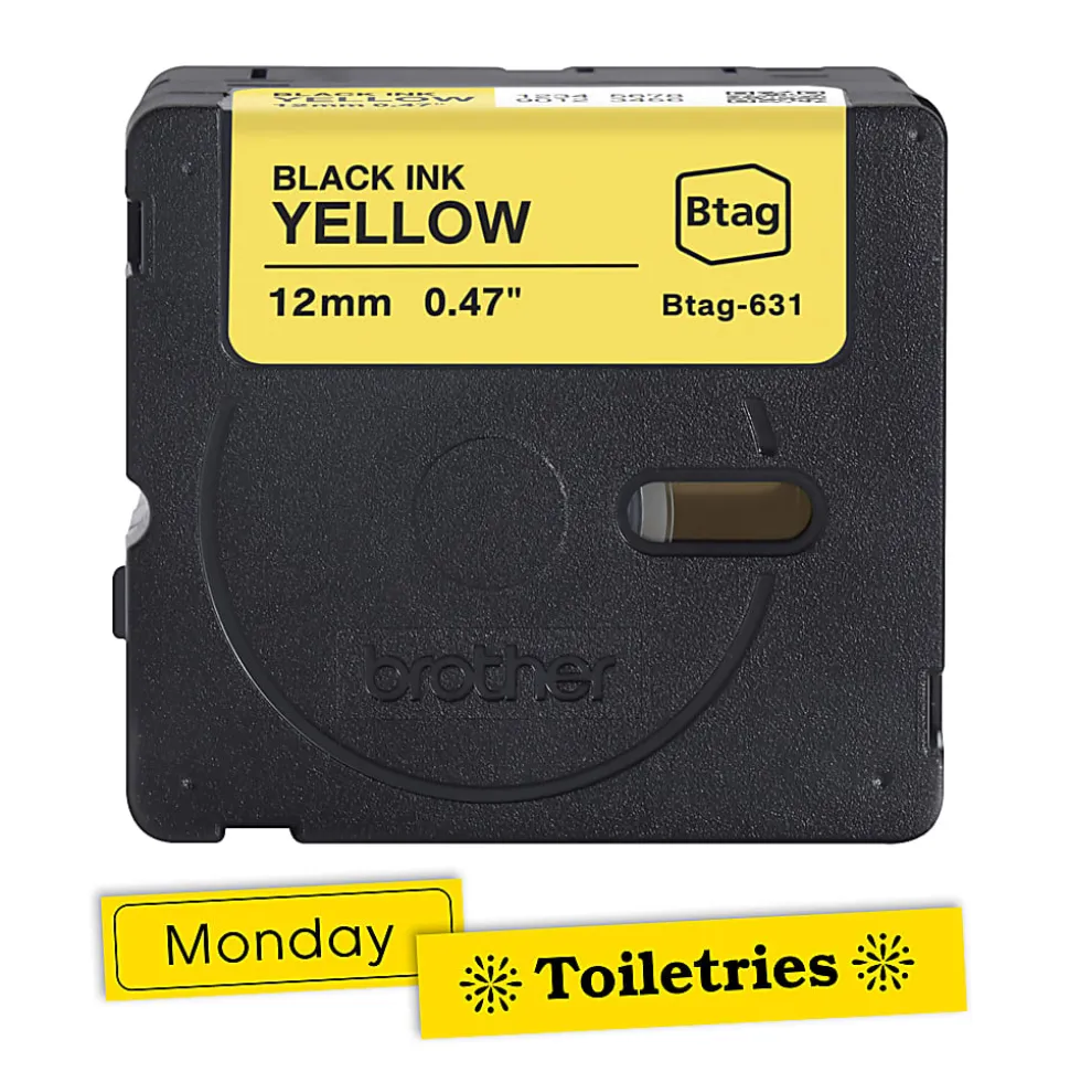 Brother P-touch Btag Black on Yellow Label Tape (BTAG631), ~1/2 in x 13.1 ft (12 mm x 4 m)