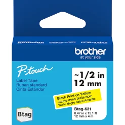 Brother P-touch Btag Black on Yellow Label Tape (BTAG631), ~1/2 in x 13.1 ft (12 mm x 4 m)