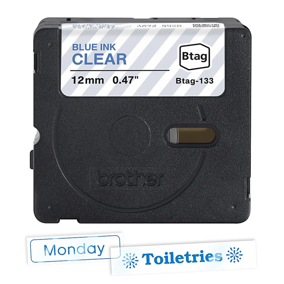 Brother P-touch Btag Blue on Clear Label Tape (BTAG133), ~1/2 in x 13.1 ft (12 mm x 4 m)
