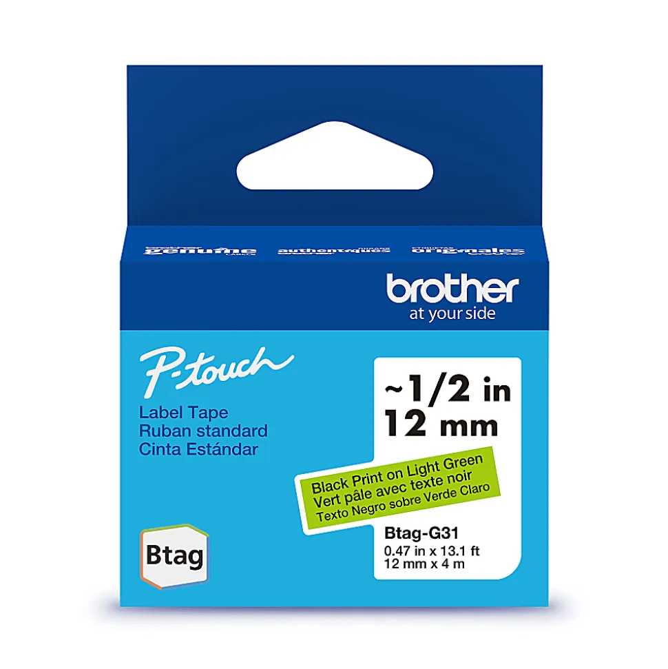 Brother P-touch Btag Label Tape, BTAGG31, 0.47 in by 13.1 ft, Black on Light Green
