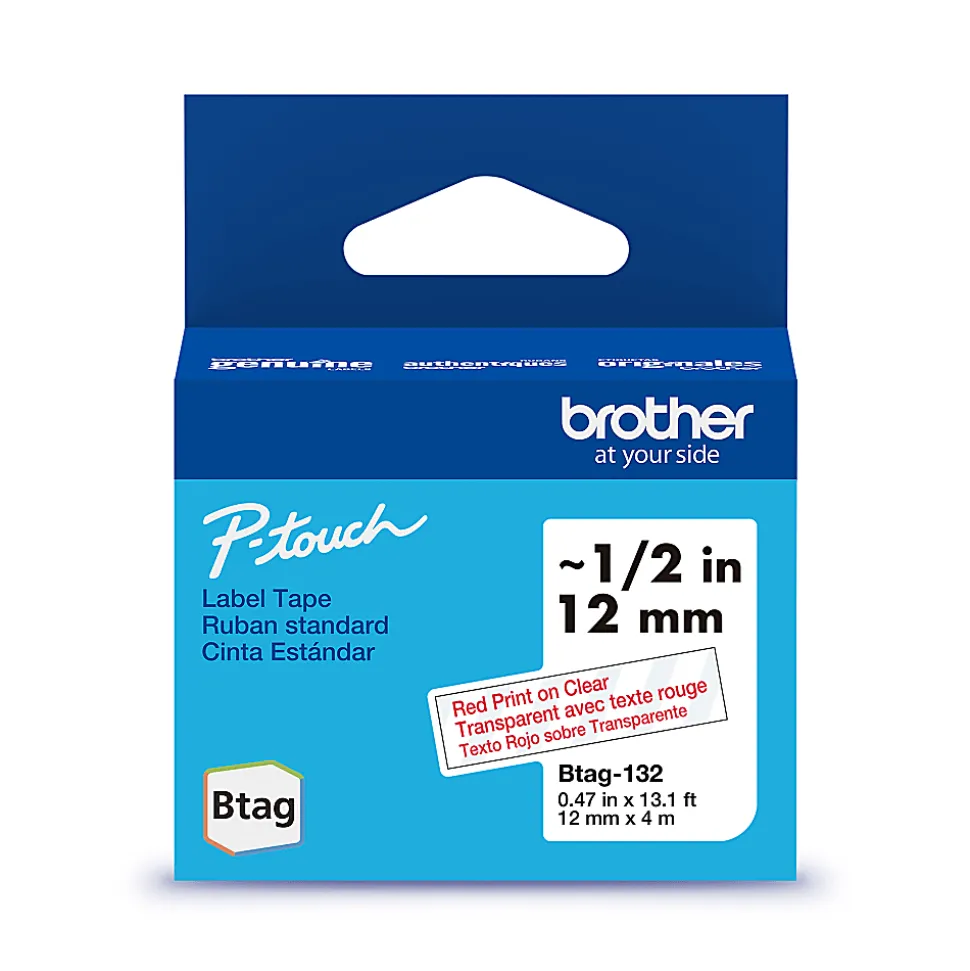 Brother P-touch Btag Red on Clear Label Tape (BTAG132), ~1/2 in x 13.1 ft (12 mm x 4 m)