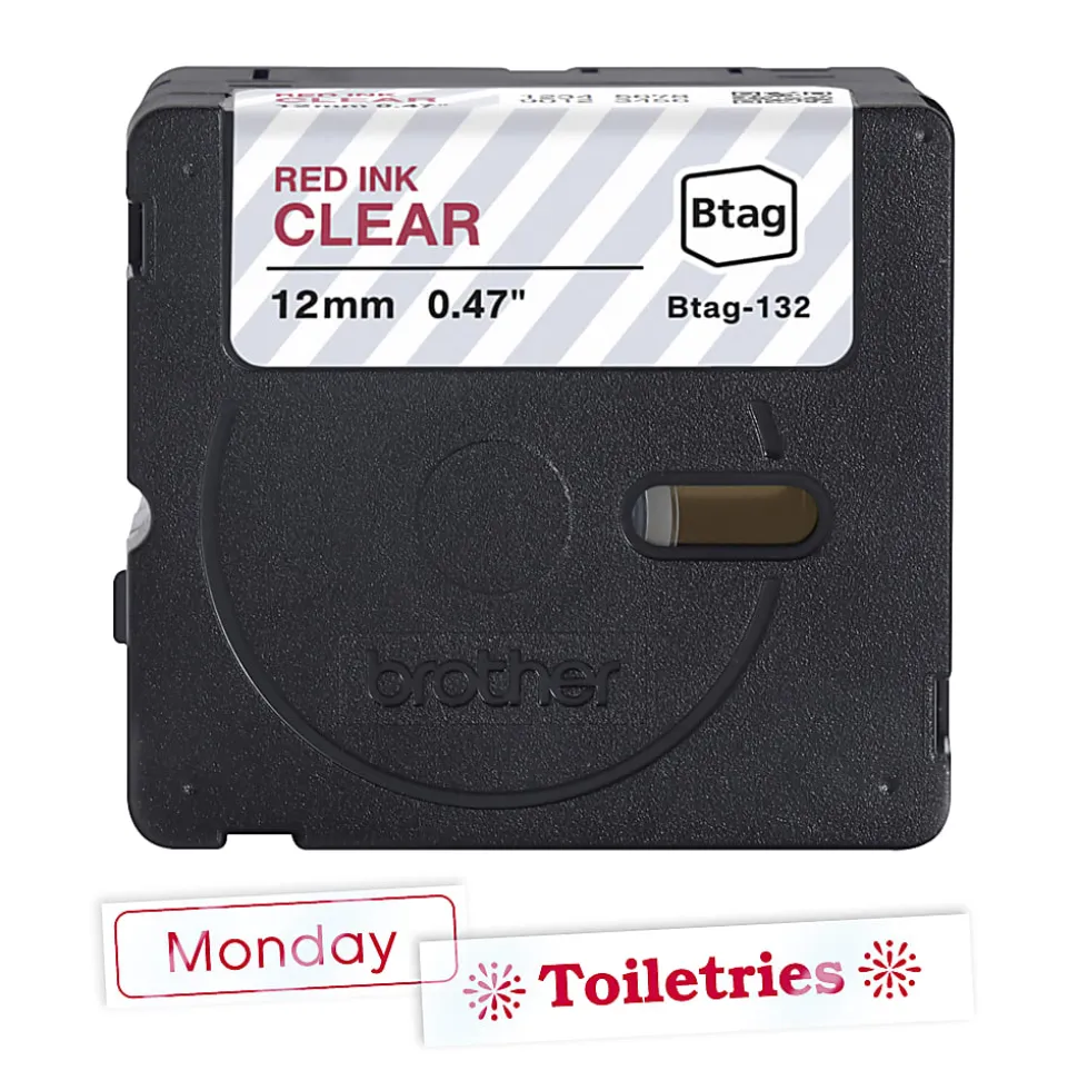 Brother P-touch Btag Red on Clear Label Tape (BTAG132), ~1/2 in x 13.1 ft (12 mm x 4 m)