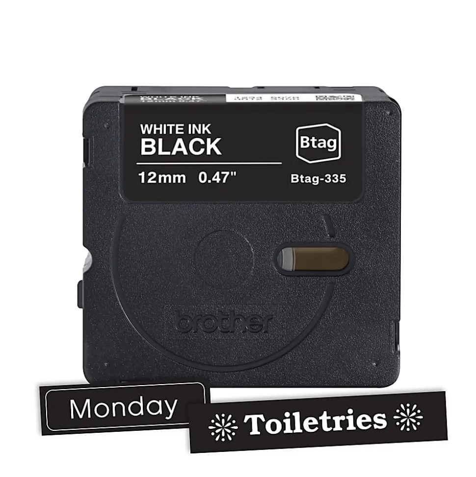 Brother P-touch Btag White on Black Label Tape (BTAG335), ~1/2 in x 13.1 ft (12 mm x 4 m)