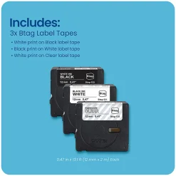 Brother P-touch Btag White on Clear, Black on White, White on Black Label Tape (BTAG3M01), ~1/2 in x 13.1 ft (12 mm x 4 m), 3-pack