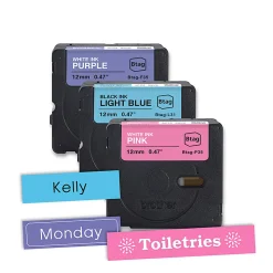 Brother P-touch Btag White on Purple, Black on Light Blue, White on Pink (BTAG3M02), ~1/2 in x 13.1 ft (12 mm x 4 m), 3-pack