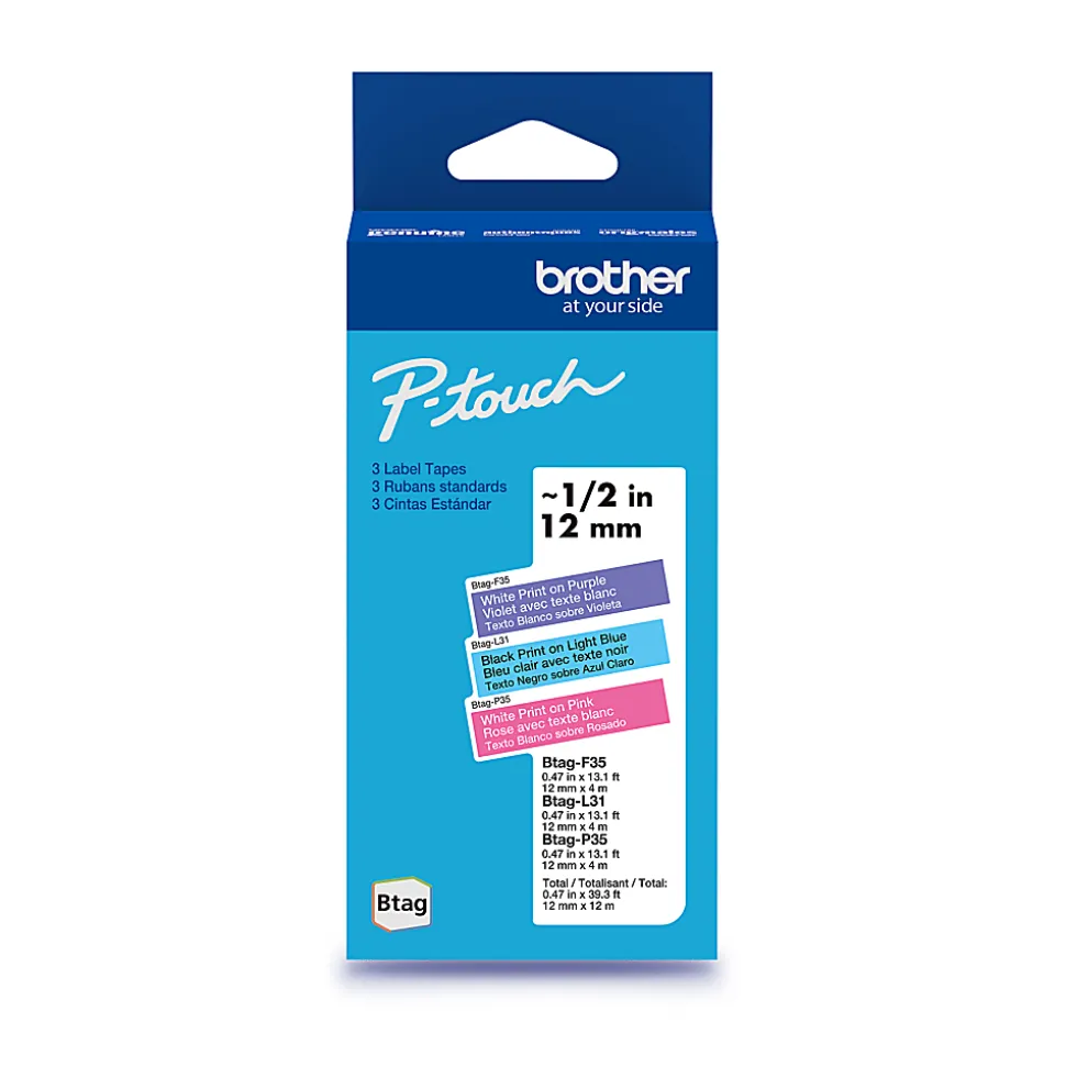 Brother P-touch Btag White on Purple, Black on Light Blue, White on Pink (BTAG3M02), ~1/2 in x 13.1 ft (12 mm x 4 m), 3-pack