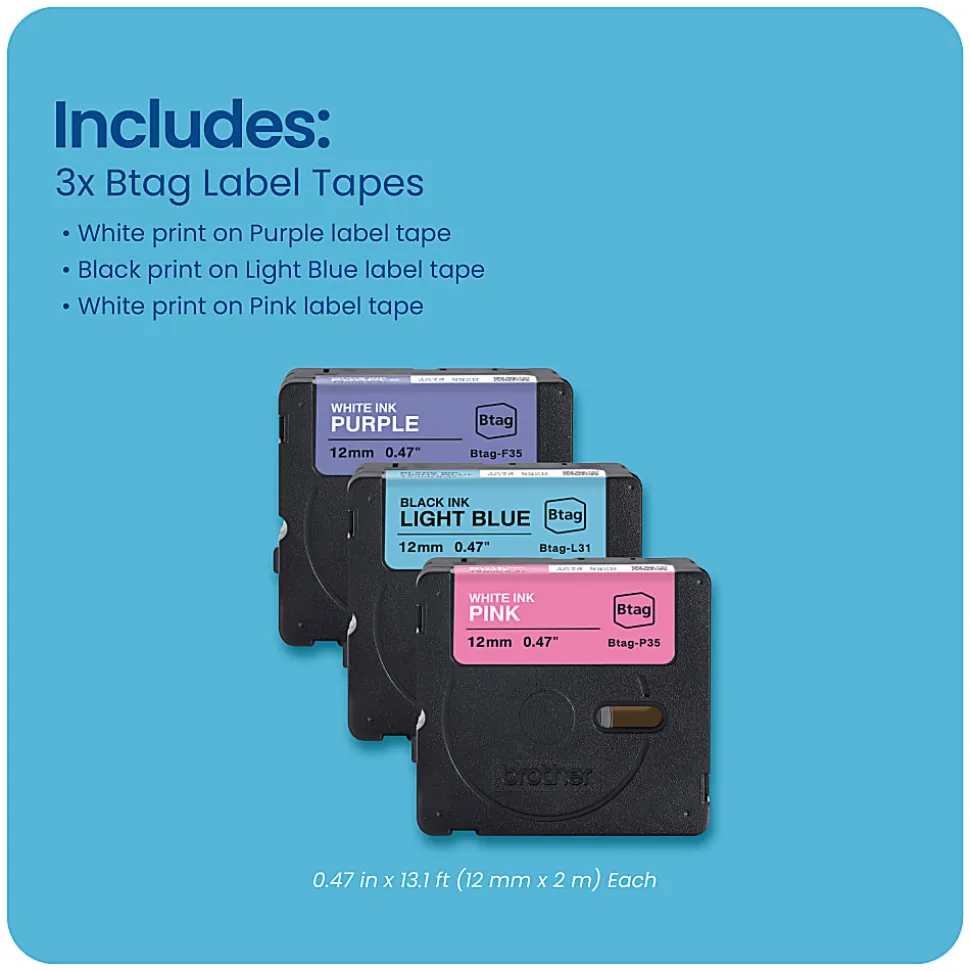 Brother P-touch Btag White on Purple, Black on Light Blue, White on Pink (BTAG3M02), ~1/2 in x 13.1 ft (12 mm x 4 m), 3-pack