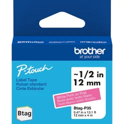 Brother P-touch Btag White on Pink Label Tape (BTAGP35), ~1/2 in x 13.1 ft (12 mm x 4 m)