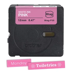Brother P-touch Btag White on Pink Label Tape (BTAGP35), ~1/2 in x 13.1 ft (12 mm x 4 m)
