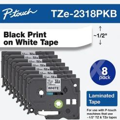 Brother P-Touch Label Maker Tape, Black/White, Pack Of 8 Rolls