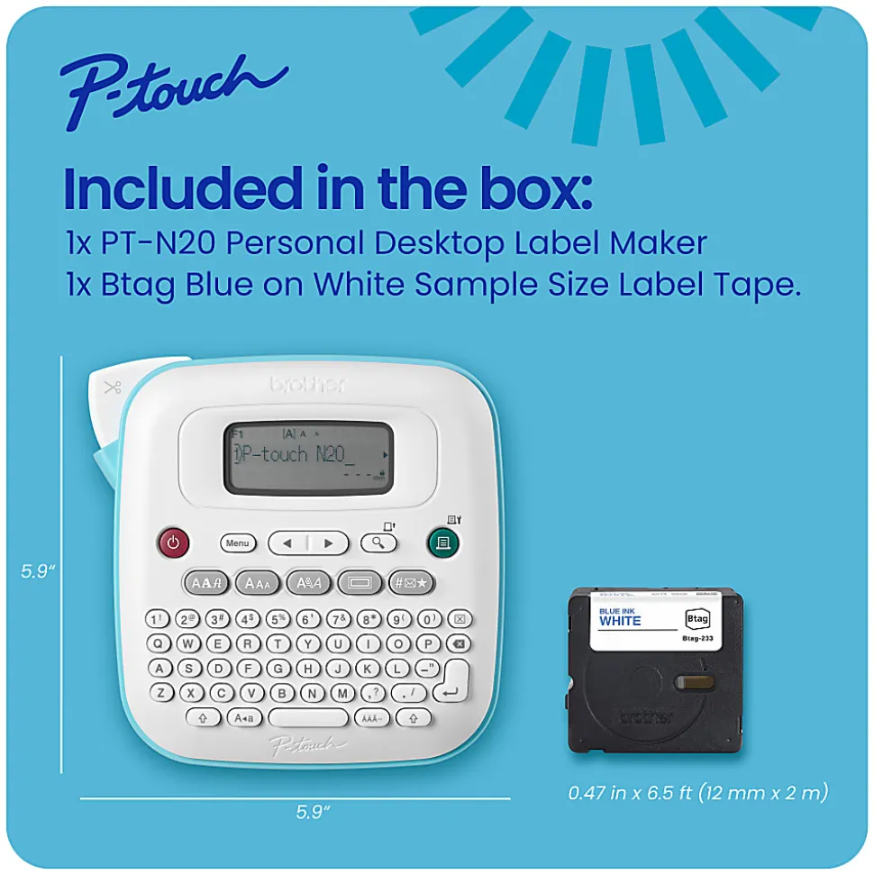 Brother P-touch Personal Desktop Label Maker (PT-N20), Prints on P-touch Btag ~½” (12mm) Label Tapes
