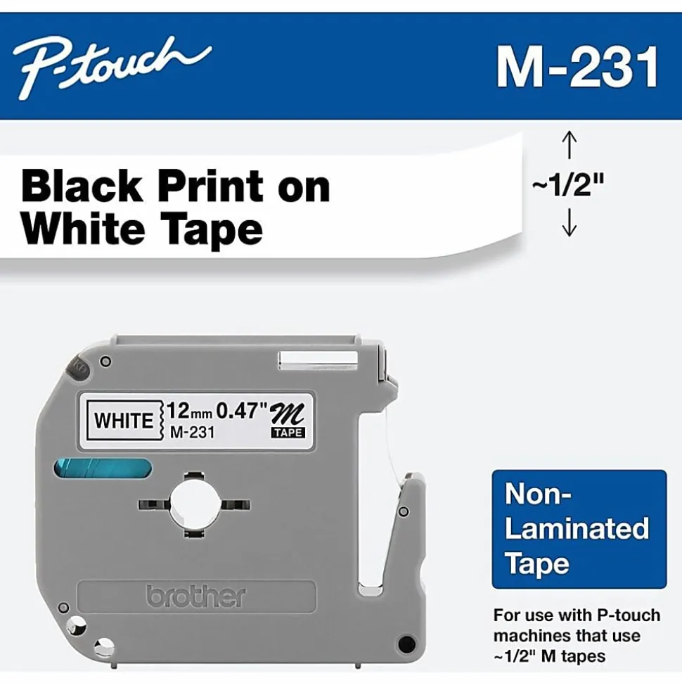 Brother P touch P touch Nonlaminated M Series Tape Cartridge 1/2" Width Direct Thermal White Non laminated, Self adhesive 4 / Bundle