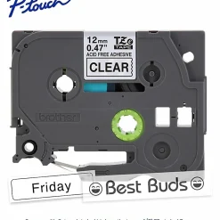 Brother P-touch TZeAF131, Acid-Free Laminated, ~1/2in (12mm) x 26.2ft (8m), Black on Clear Label Tape