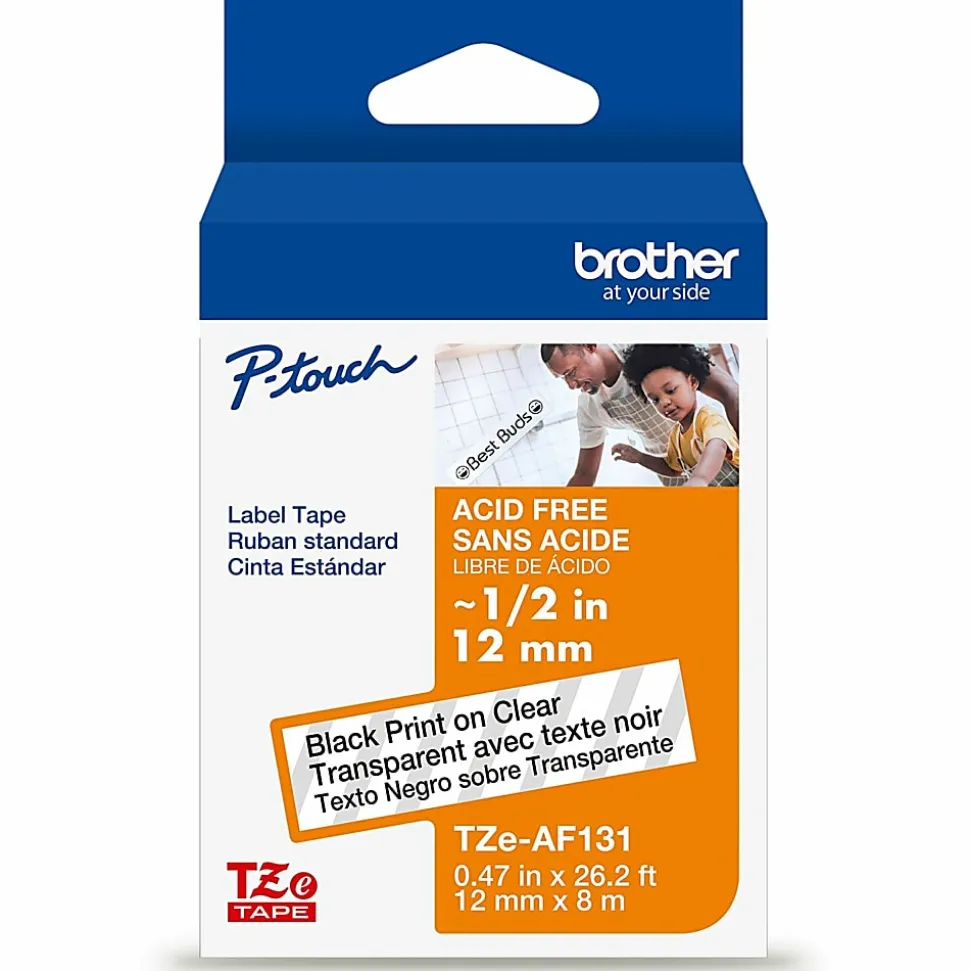 Brother P-touch TZeAF131, Acid-Free Laminated, ~1/2in (12mm) x 26.2ft (8m), Black on Clear Label Tape