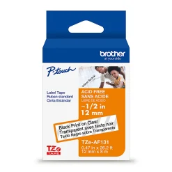 Brother P-touch TZeAF131, Acid-Free Laminated, ~1/2in (12mm) x 26.2ft (8m), Black on Clear Label Tape