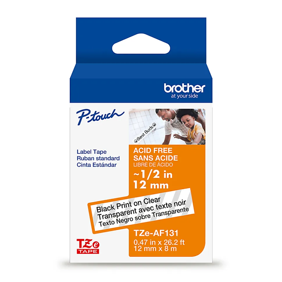 Brother P-touch TZeAF131, Acid-Free Laminated, ~1/2in (12mm) x 26.2ft (8m), Black on Clear Label Tape