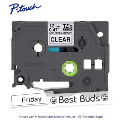 Brother P-touch TZeAF131, Acid-Free Laminated, ~1/2in (12mm) x 26.2ft (8m), Black on Clear Label Tape
