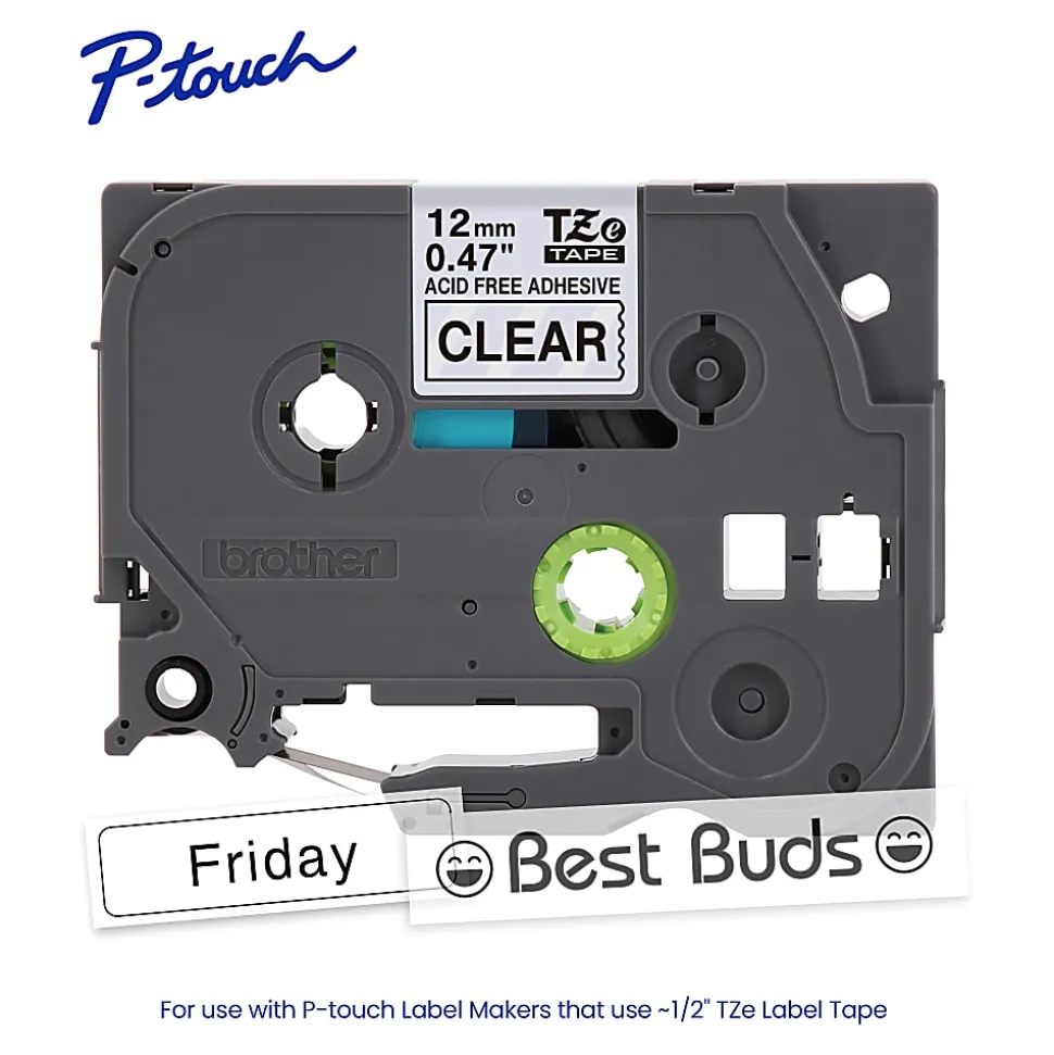 Brother P-touch TZeAF131, Acid-Free Laminated, ~1/2in (12mm) x 26.2ft (8m), Black on Clear Label Tape