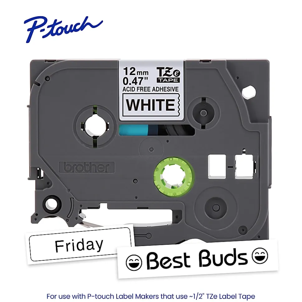 Brother P-touch TZeAF231, Acid-Free Laminated, ~1/2in (12mm) x 26.2ft (8m), Black on White Label Tape