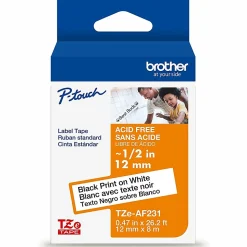 Brother P-touch TZeAF231, Acid-Free Laminated, ~1/2in (12mm) x 26.2ft (8m), Black on White Label Tape