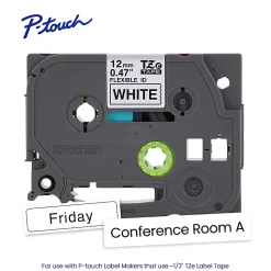 Brother P-touch TZeFX231, Flexible ID Laminated, ~1/2" x 26.2 ft (12mm x 8m), Black on White Label Tape